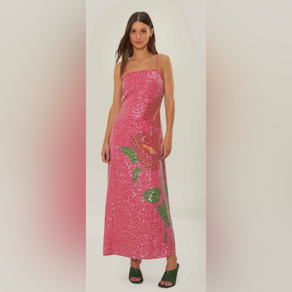 FARM RIO Pink Anthurium Flowers Slip Maxi Dress | Size: M